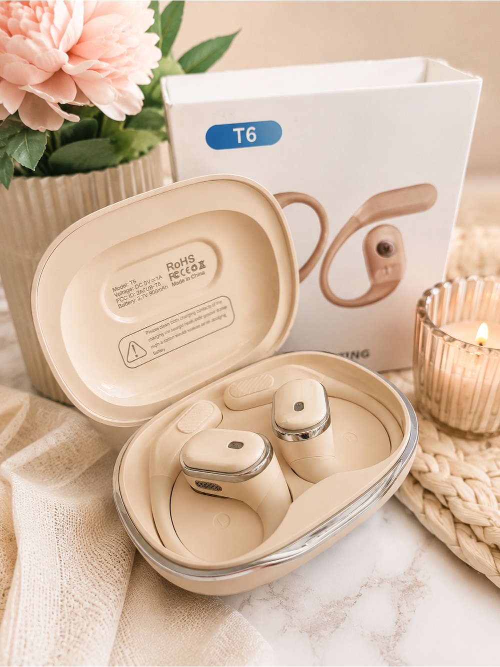 T6 Wireless Earbuds - Beige Charging Case